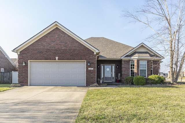 ranch-style home featuring brick siding, fence, a front yard, a garage, and driveway