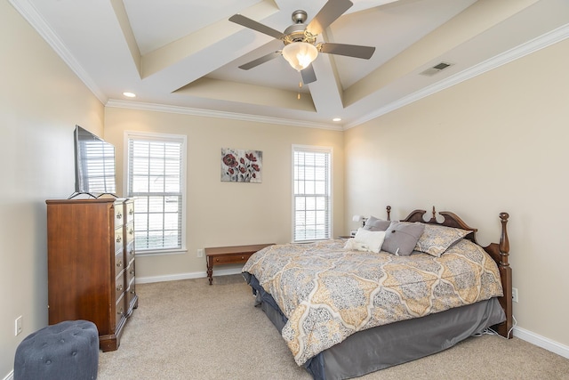 bedroom featuring baseboards, visible vents, crown molding, light carpet, and a raised ceiling