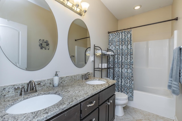 bathroom with a sink, toilet, double vanity, and shower / bath combination with curtain