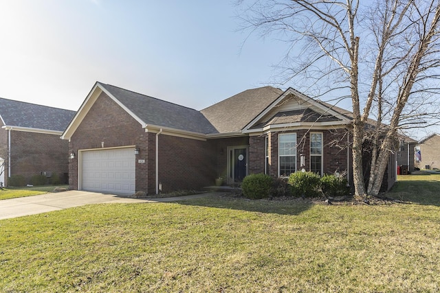 ranch-style house featuring brick siding, concrete driveway, a front lawn, and a garage