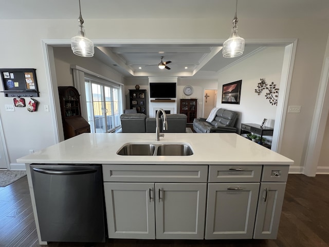 kitchen featuring dark wood-type flooring, open floor plan, stainless steel dishwasher, a raised ceiling, and a sink