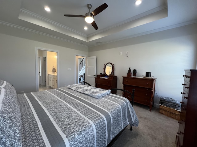 bedroom featuring crown molding, ceiling fan, light colored carpet, recessed lighting, and a raised ceiling