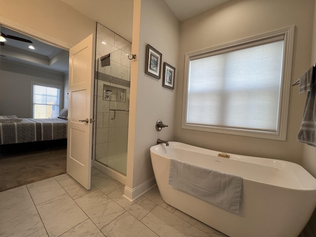 full bathroom with marble finish floor, connected bathroom, a shower stall, baseboards, and a freestanding bath