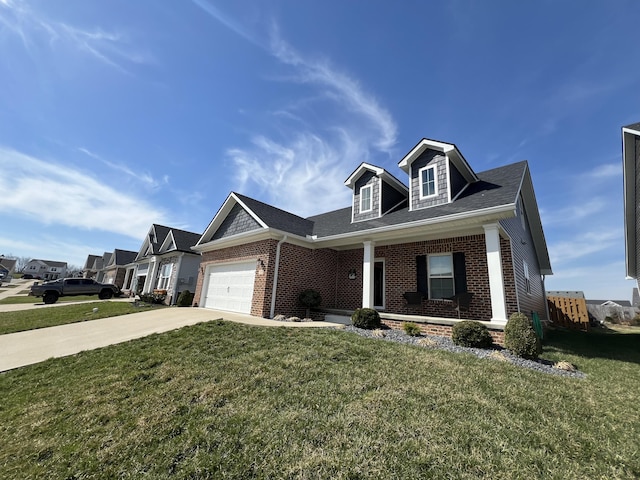 view of front facade featuring brick siding, driveway, and a front lawn