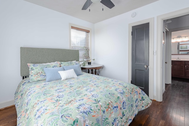 bedroom with a ceiling fan and dark wood-style floors