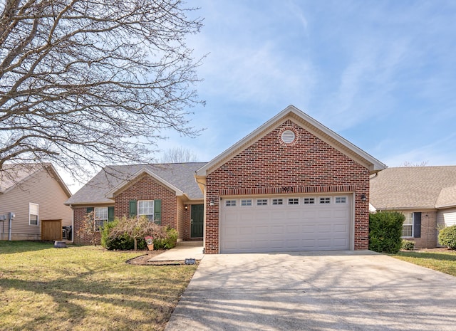 ranch-style home with a front lawn, brick siding, concrete driveway, and an attached garage