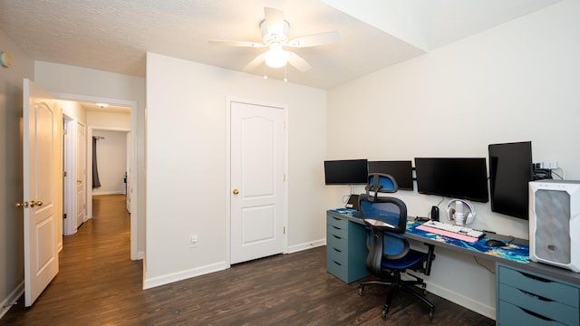 office area with baseboards, a textured ceiling, dark wood finished floors, and a ceiling fan