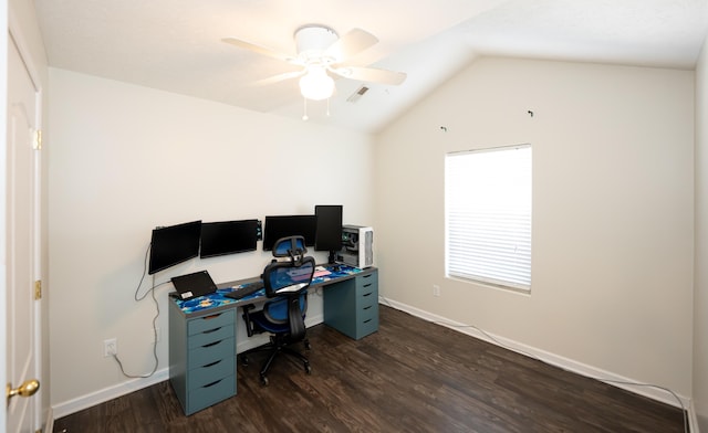 home office with visible vents, dark wood-type flooring, baseboards, ceiling fan, and vaulted ceiling