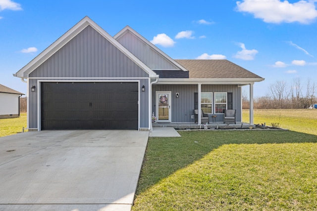 ranch-style house featuring driveway, a shingled roof, a front lawn, a garage, and board and batten siding