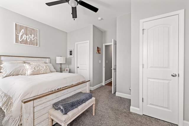 bedroom with ceiling fan, baseboards, and carpet