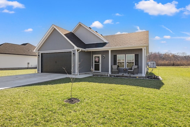 view of front of house featuring a shingled roof, a porch, concrete driveway, a front yard, and an attached garage