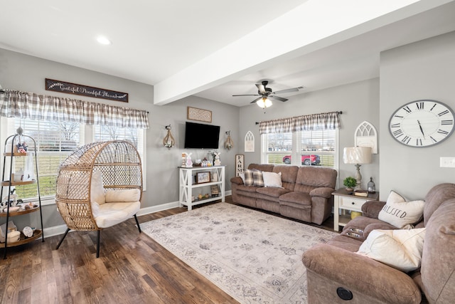 living area with dark wood finished floors, a healthy amount of sunlight, and baseboards