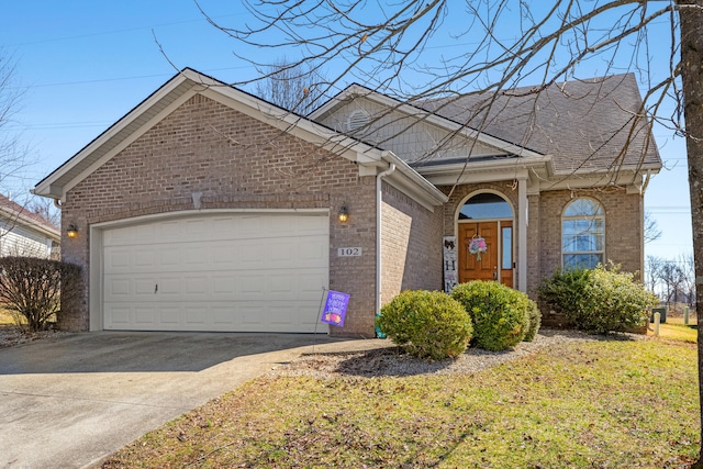 single story home featuring a garage, brick siding, concrete driveway, and a shingled roof