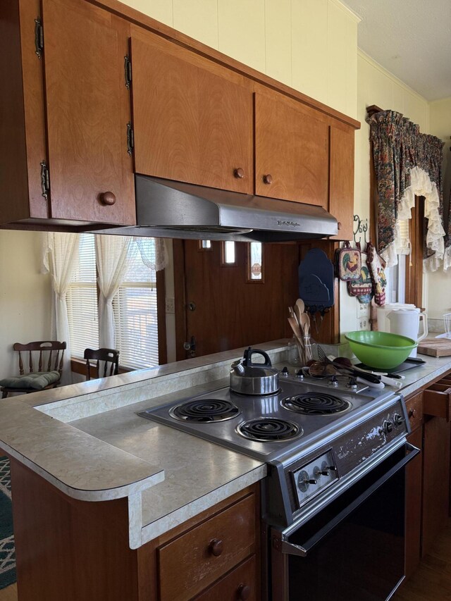 kitchen with light countertops, brown cabinetry, under cabinet range hood, and range with electric cooktop