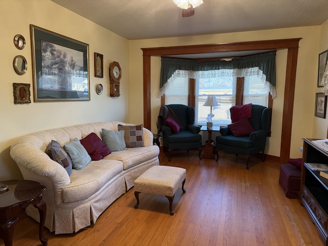 living room with baseboards and wood finished floors