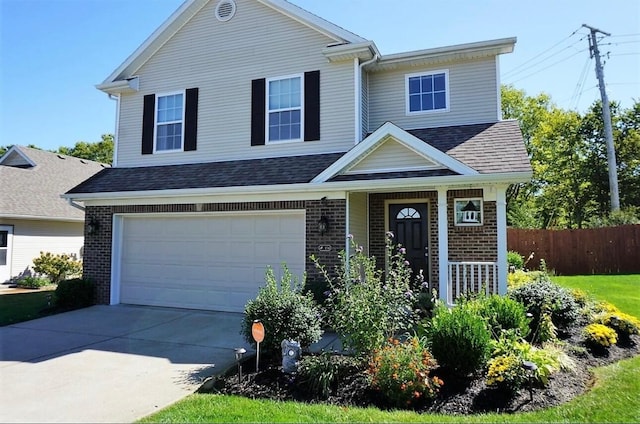 view of front of home with brick siding, a shingled roof, fence, driveway, and an attached garage