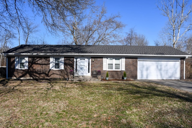 ranch-style home featuring brick siding, concrete driveway, a front yard, roof with shingles, and an attached garage