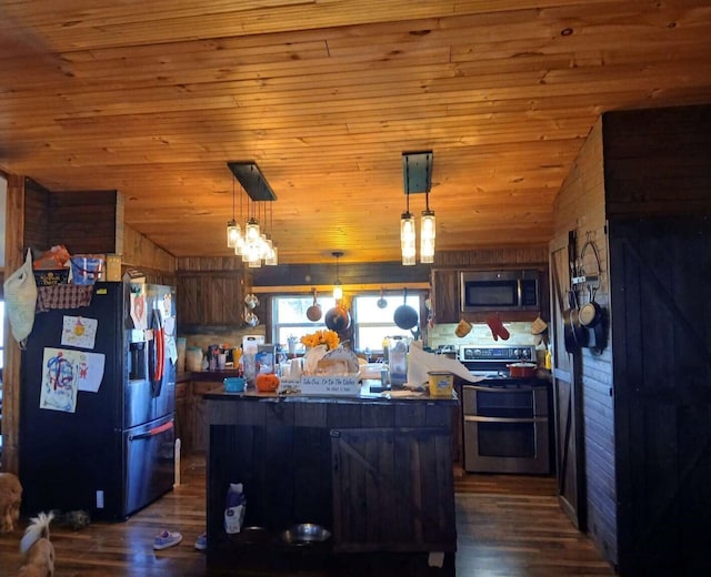 kitchen featuring wood ceiling, lofted ceiling, appliances with stainless steel finishes, and dark wood-style flooring