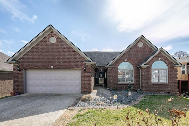 ranch-style house featuring brick siding, an attached garage, and driveway