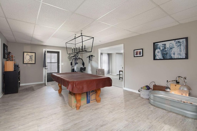 recreation room featuring a drop ceiling, baseboards, wood finished floors, and pool table