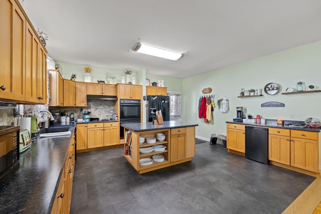 kitchen with dark countertops, open shelves, black appliances, and a sink