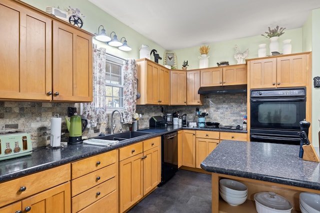 kitchen with black appliances, a sink, dark stone countertops, under cabinet range hood, and decorative backsplash