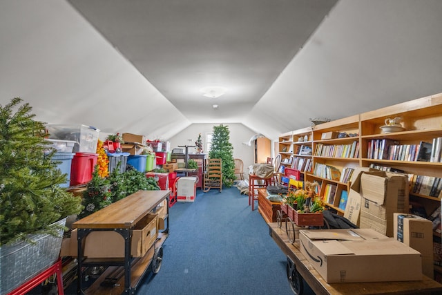 interior space with carpet and vaulted ceiling