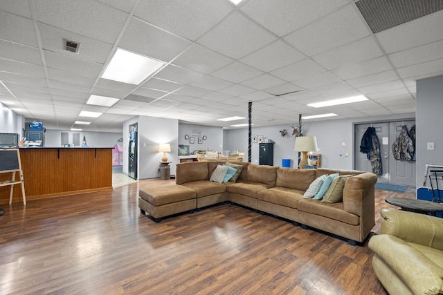 living area with visible vents, a drop ceiling, and wood finished floors