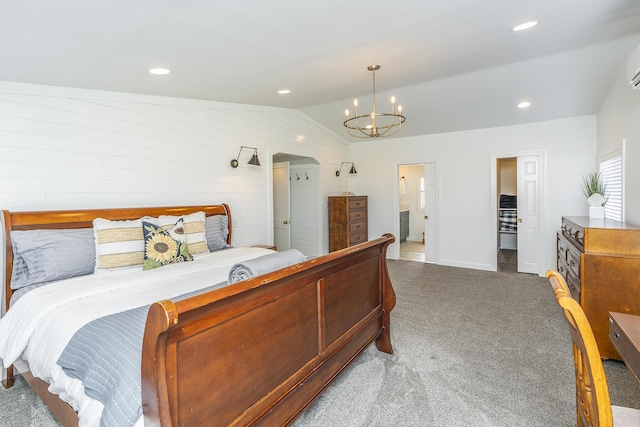 carpeted bedroom with a chandelier, recessed lighting, baseboards, and vaulted ceiling