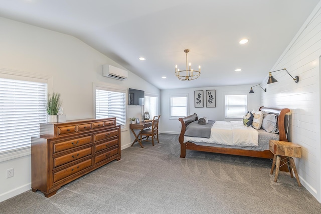 bedroom with an inviting chandelier, lofted ceiling, recessed lighting, a wall mounted air conditioner, and light carpet