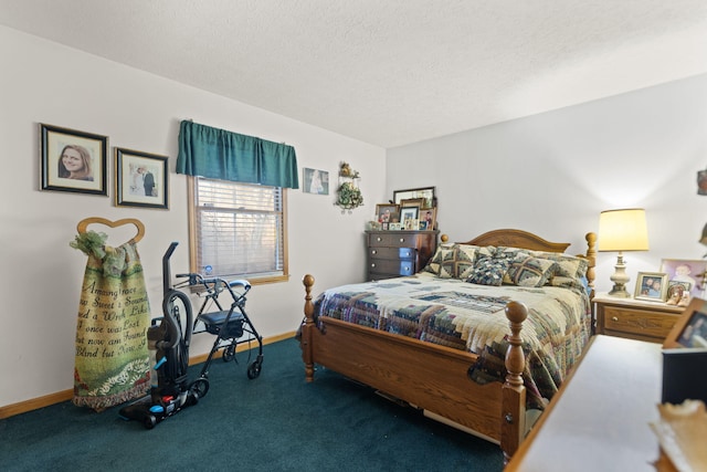 bedroom with carpet, baseboards, and a textured ceiling