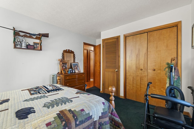 bedroom with carpet floors, two closets, and a textured ceiling