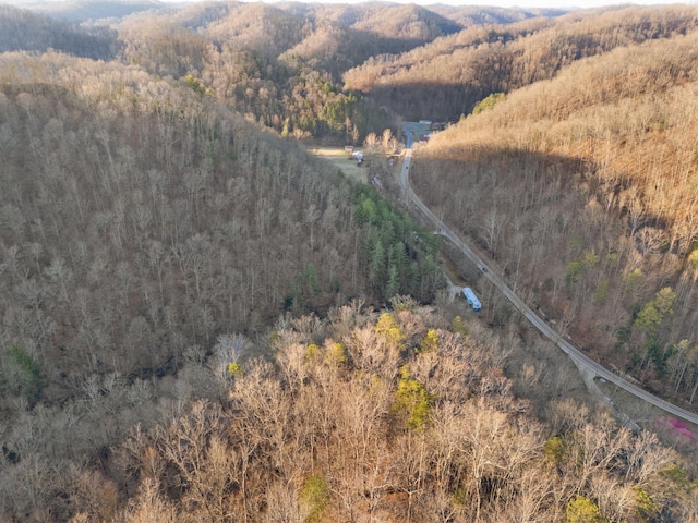 bird's eye view featuring a wooded view