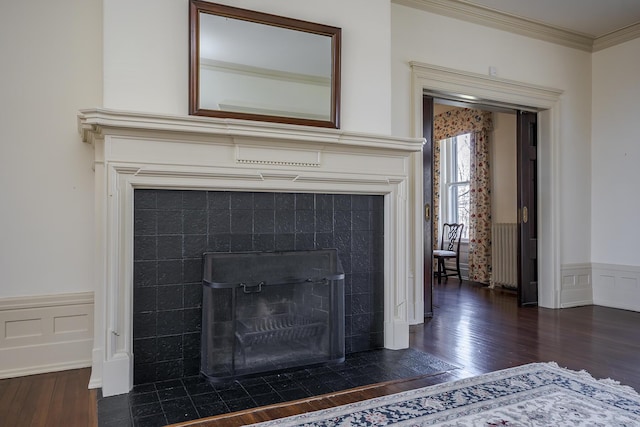 details featuring wood finished floors, ornamental molding, wainscoting, and a tile fireplace