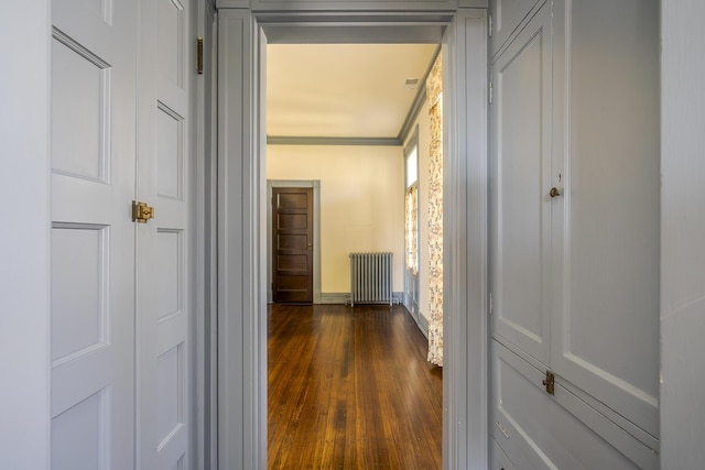 corridor featuring crown molding, radiator heating unit, and dark wood-style flooring