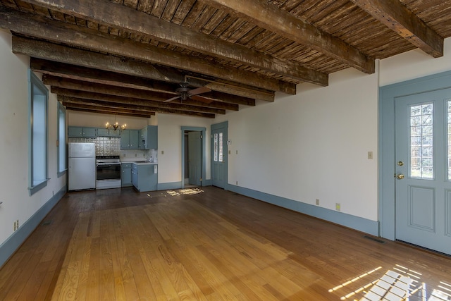 unfurnished living room with dark wood finished floors, beam ceiling, baseboards, and visible vents