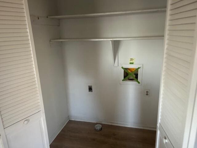 washroom featuring hookup for a washing machine, baseboards, hookup for an electric dryer, laundry area, and dark wood-type flooring