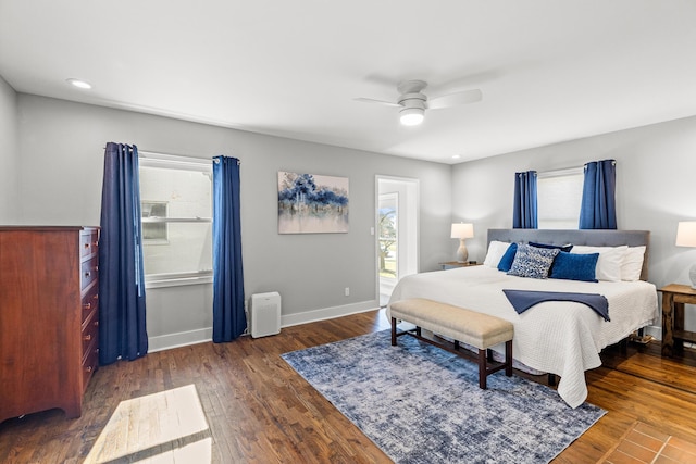 bedroom with recessed lighting, baseboards, dark wood-style flooring, and ceiling fan