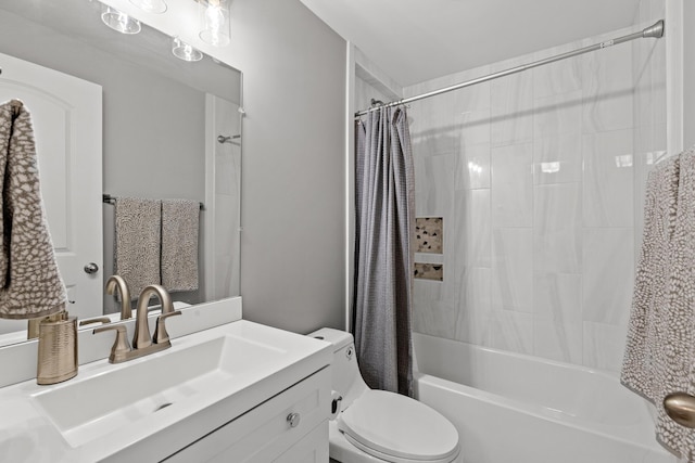 full bathroom featuring shower / bath combination with curtain, toilet, and vanity