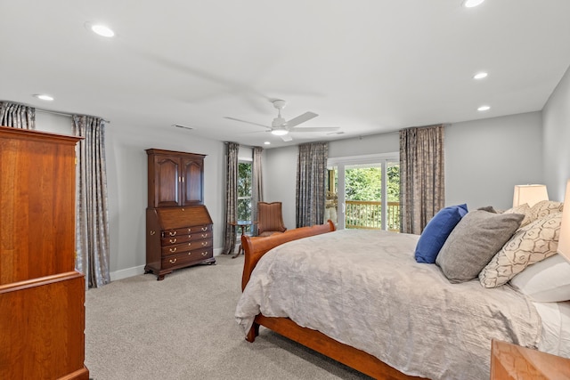 bedroom with visible vents, baseboards, recessed lighting, ceiling fan, and light colored carpet