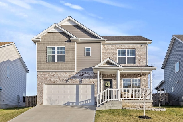 view of front of home with a porch, an attached garage, brick siding, and driveway