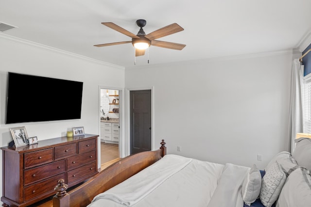 bedroom with visible vents, a ceiling fan, and crown molding