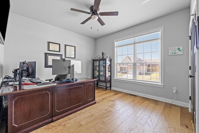 office area featuring visible vents, baseboards, light wood-style flooring, and a ceiling fan