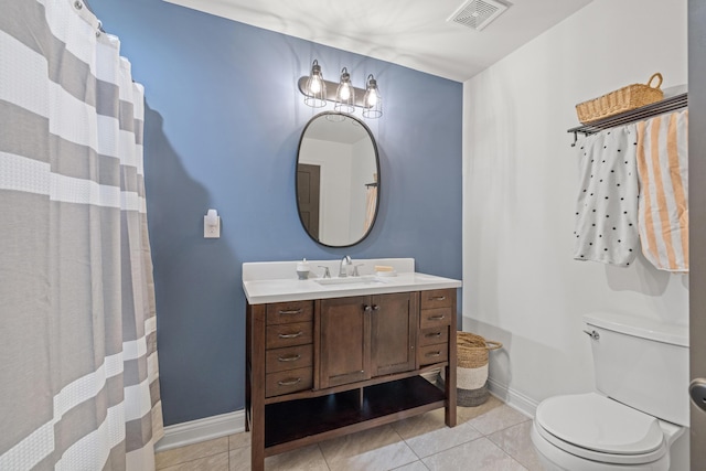 full bathroom with visible vents, toilet, vanity, and tile patterned flooring