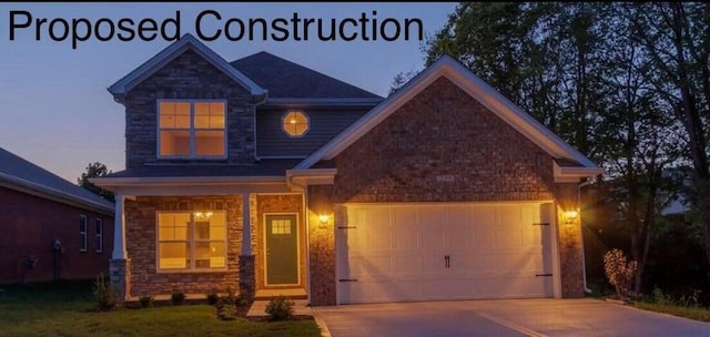 craftsman house featuring stone siding, driveway, and a garage