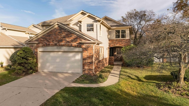 traditional home featuring a garage, a front yard, brick siding, and driveway