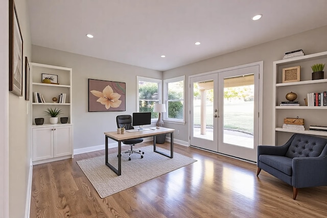 office area featuring recessed lighting, french doors, and wood finished floors