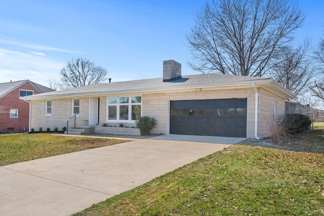 ranch-style home with driveway, a front yard, a shingled roof, a garage, and a chimney