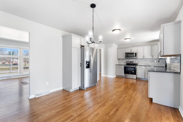 kitchen featuring visible vents, a sink, appliances with stainless steel finishes, light wood finished floors, and decorative backsplash