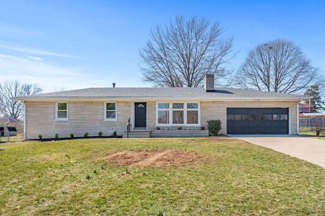 single story home with a front lawn, concrete driveway, a chimney, stone siding, and an attached garage